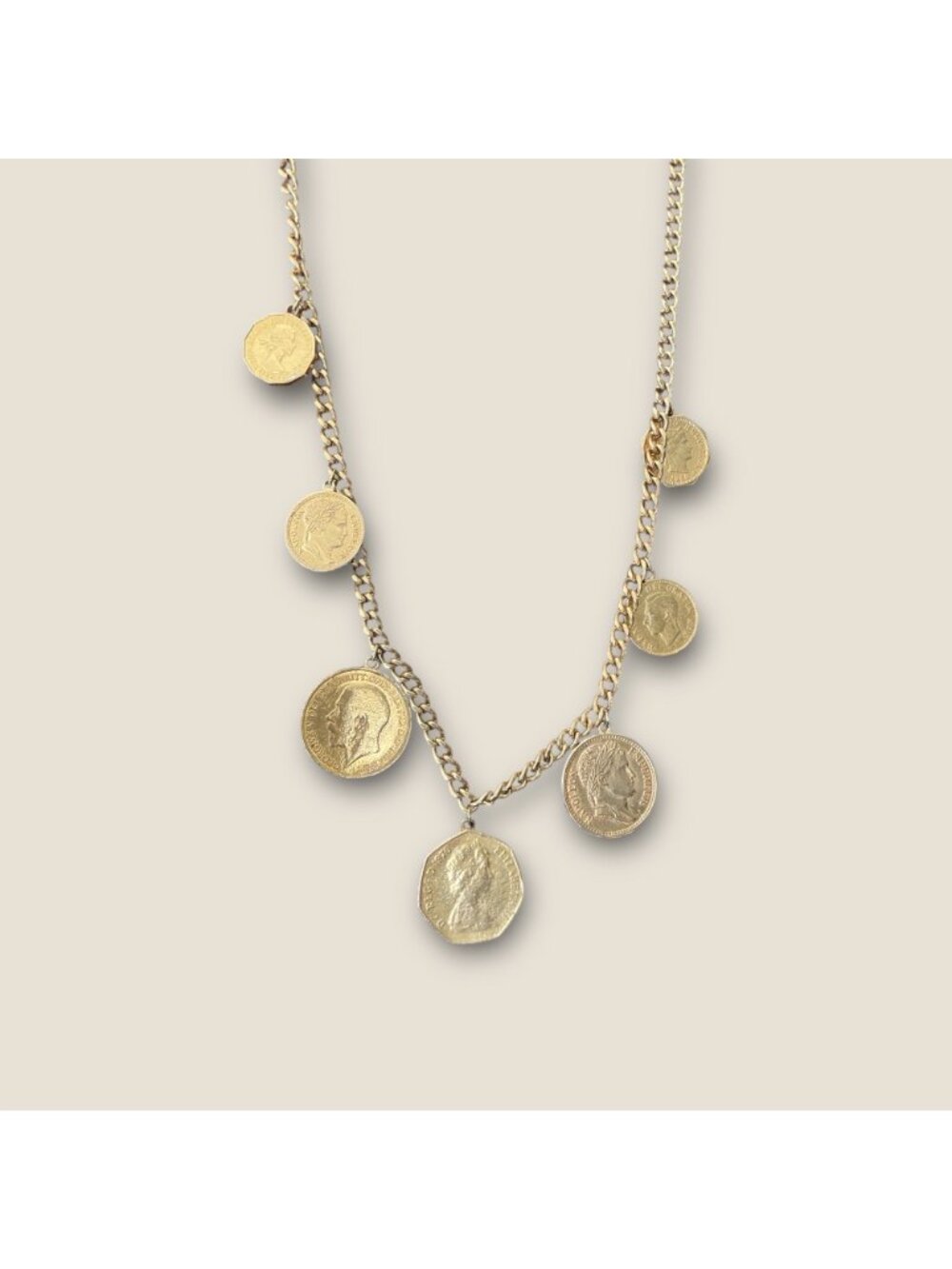 Vintage Gold-Tone Coin Pendant Necklace 24 Inches Long Jewelry Featuring 7 Coins